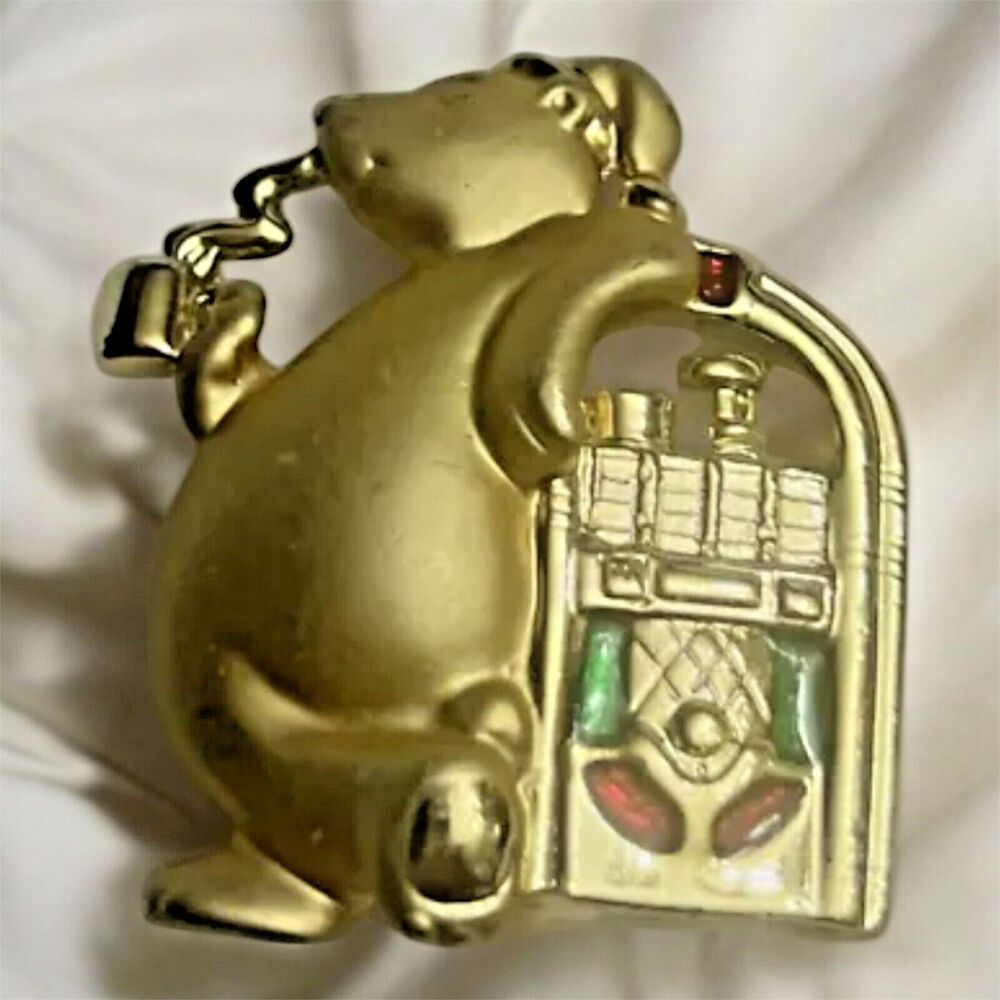 Brooch Danecraft Goldtone Red Green Polar Bear at Juke Box Brooch musical